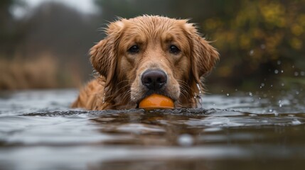   A tight shot of a dog holding a ball in its mouth submerged in water, surrounded by trees in the background