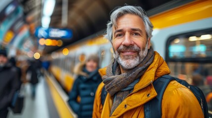   A man in a yellow jacket and scarf stands before a train at the station, surrounded by individuals on the platform - obrazy, fototapety, plakaty