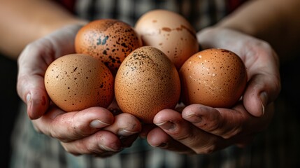   A person closely holds a handful of speckled brown eggs in palms - obrazy, fototapety, plakaty