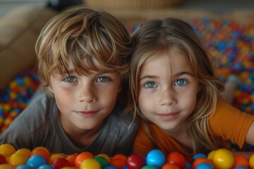 Fototapeta na wymiar Two young siblings share a joyous moment together in a colorful ball pit
