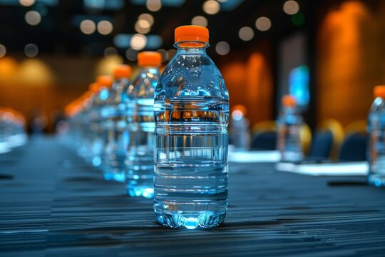 A single plastic water bottle placed on a dark table with a line of bottles in a bokeh background