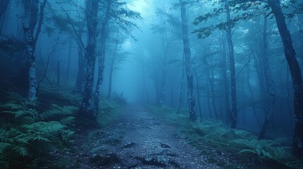   A winding path penetrates the heart of a densely wooded forest, flanked by towering trees shrouded in misty fog