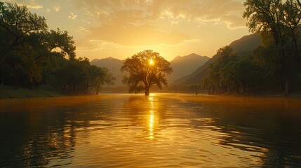   A serene scene features a solitary tree rooted in the heart of a tranquil, expansive water body, as the sun sinks and casts its warm glow over the mirror