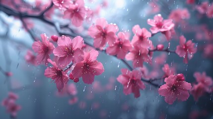   A pink flower's close-up on a branch, dewdrops on its petals, backdrop softly blurred
