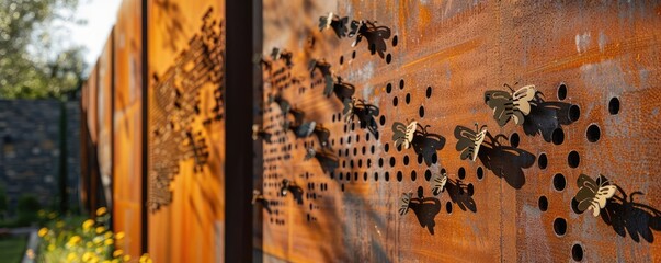 Detail of the corten wall with laser cut of iron bee , bees concept. - obrazy, fototapety, plakaty