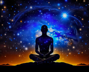 Transcendental chakras, cosmic meditation, human silhouette. Concept of meditation, spirituality