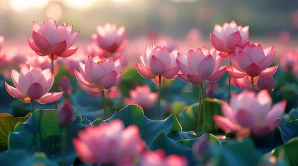Foto op Canvas   A field of water lilies with a backdrop of pink flower blooms and a blurred behind © Jevjenijs