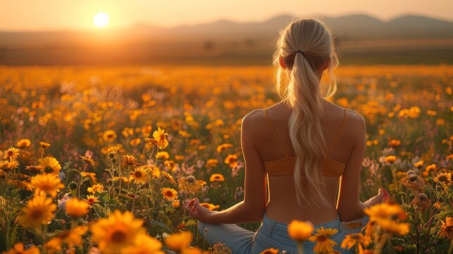   A woman sits in a sunflower field, facing away from the camera, as the sun descends