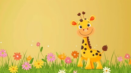 Obraz na płótnie Canvas A giraffe, standing amidst a field of flowers, bears a content smile on its face