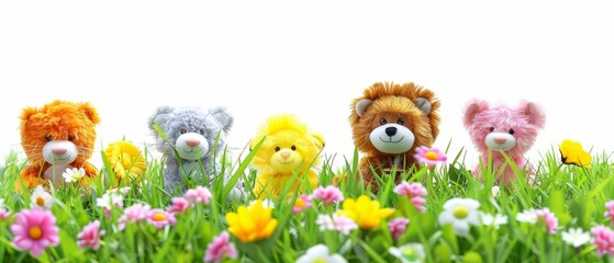   A group of stuffed animals atop a verdant field, adorned with pink, yellow, and white blooms