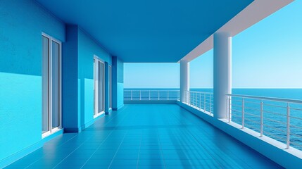   A long hallway with blue-painted walls Sunlit balcony overlooks the ocean in an apartment building