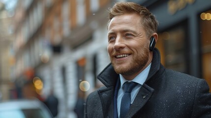   A man in a suit and tie speaks into his cell phone, standing before a city building on the street - 780777897