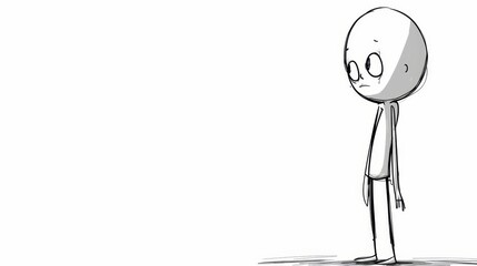   A cartoon character with a sad expression, drawn in black and white, stands before a white backdrop