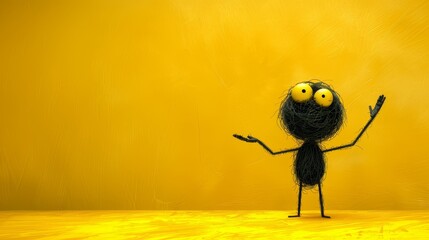  cartoon character with one hand raised and wide-open eyes, against a yellow backdrop