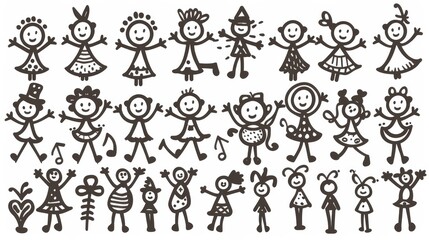 Fototapeta na wymiar A black-and-white drawing of people, hand in hand, with raised arms, forming a circle