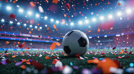 Soccer ball on grass in stadium falling confetti victory celebration of football game in stadium field