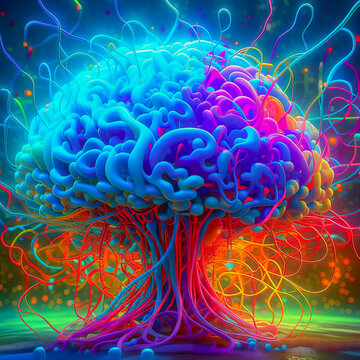 Concept art of the human brain exploding with knowledge and creativity