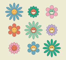 Groovy daisy flower characters set. Hippie retro style. Flower icons. Vector illustration