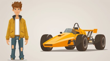   A man in a yellow jacket stands next to a yellow race car A second man is also next to the same yellow race car