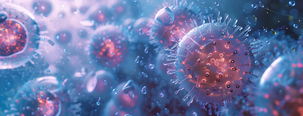 A microscopic image of a virus with cells in the body, medical field, scientific image, science fiction, microbes, treatment , 3d render , abstract background