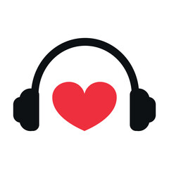 Headphones and heart. Headphones silhouette. Red heart icon. Love music. Flat design. Vector illustration