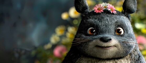   A detailed shot of a stuffed animal adorned with flowers atop its head and a bloom positioned in the middle of its noses - obrazy, fototapety, plakaty