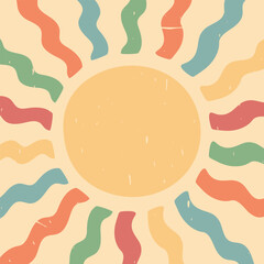 Vintage retro background with sun. Rainbow colored sunbeams. Grunge texture. Vector illustration