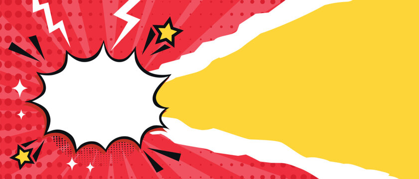 Pop art bright banner with speech bubble cloud and torn paper. Comic background with dots, stripes, stars and lightning. Vector illustration