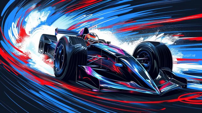   A painting of a racing car navigating a tunnel adorned with red, white, and blue swirls against a backdrop of black