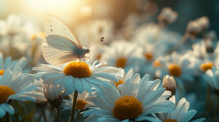   A white butterfly atop white and yellow blooms, sun radiating behind