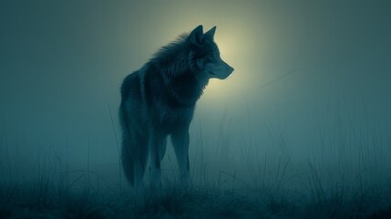   A wolf stands in a moonlit field, sun's rays filtering through fog and illuminating foreground grass