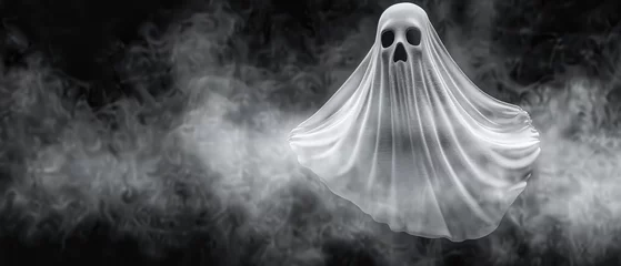 Fotobehang   A monochrome image of a ghost hovering above the ground, emitting smoke from its mouth © Jevjenijs