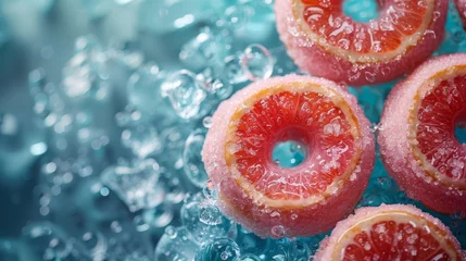 Foto op Plexiglas   A group of grapefruit donuts atop a blue plate, garnished with watermelon slices © Jevjenijs