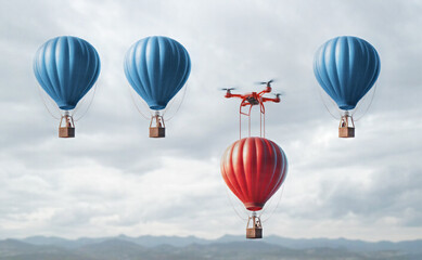 Business competitive advantage success as a group of hot air balloons racing to the top but an individual leader winning the competition through innovation