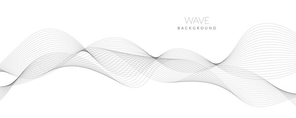 Abstract wave element for design. Digital frequency track equalizer. Stylized line art background. Vector illustration. Wave with lines created using blend tool. Curved wavy line, smooth stripe. - obrazy, fototapety, plakaty