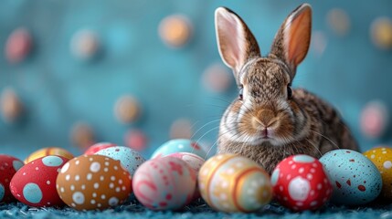  A rabbit sits before vibrant Easter eggs against a blue backdrop, adorned with polka-dotted eggs in the foreground