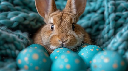   A tight shot of a bunny in a woven basket, surrounded by blue and golden eggs One attentive bunny gazes directly at the camera