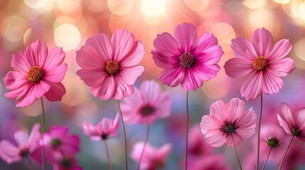   A group of pink flowers with a blurred background of pink flowers  in the foreground and a blurred background of pink flowers' bokeh in the background