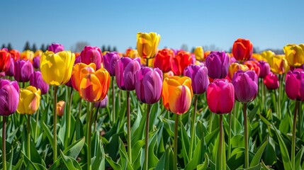   A multicolored tulip field against a blue sky background