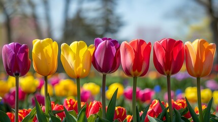   A row of tulips in vibrant colors blooms in the foreground, contrasting against the blue backdrop of the sky Trees dot the horizon in the background
