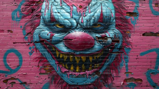   A red brick wall bearing a painted clown's face in pink hues
