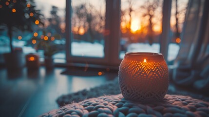   A lit candle rests on a table before a window, overlooking a snow-covered yard and trees - obrazy, fototapety, plakaty