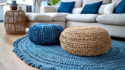   A living room featuring a white couch, a blue area rug, and a round crocheted rug on the floor