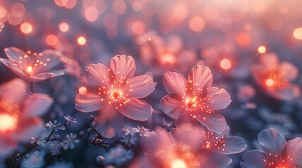   A tight shot of a flower cluster with indistinctive backdrop lights and hazy foreground blooms