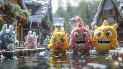   A tight shot of toy figurines clustered in a water basin, surrounded by a backdrop of a distant building - obrazy, fototapety, plakaty