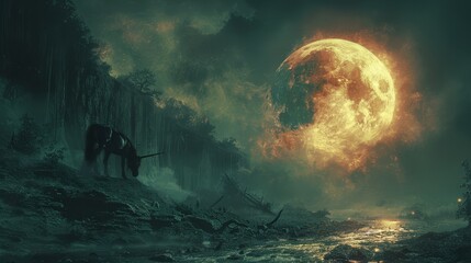  A man atop a horse in a forest under a full moon's glow