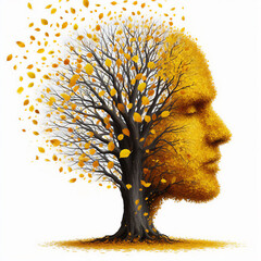Tree in the shape of a human head and brain losing leaves as challenges in intelligence and memory loss due to injury or old age. White background