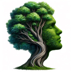 Shape that combines human head and tree. Concept of thinking hope freedom and mind , surreal artwork. White background - obrazy, fototapety, plakaty