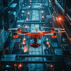 Cybernetic industrial zone, autonomous drones oversee logistics, VR for remote maintenance, seamless cloud integration , high-resolution - obrazy, fototapety, plakaty