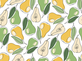 Hand drawn sweet pear seamless pattern. Yellow green Abstract natural garden organic fruit. Simple modern line art illustration. Pattern for packaging design, wallpaper, cover, fabric print